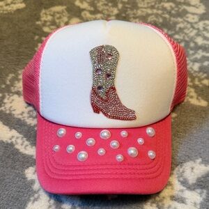 Pink and White Trucker Hat with Rhinestone Boot